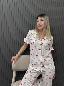 Kiraz Fırfır Detay Ön Düğmeli Bürümcük Kumaş Takım