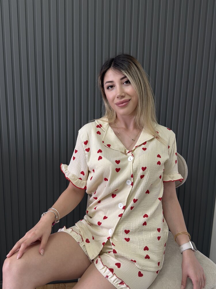 Kalp Fırfır Detay Ön Düğmeli Bürümcük Kumaş Takım