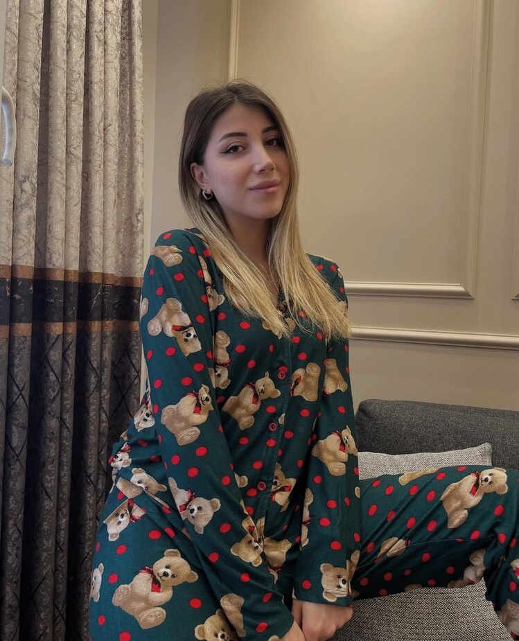 Süet Ayıcık Detay Ön Düğmeli Pijama Takımı