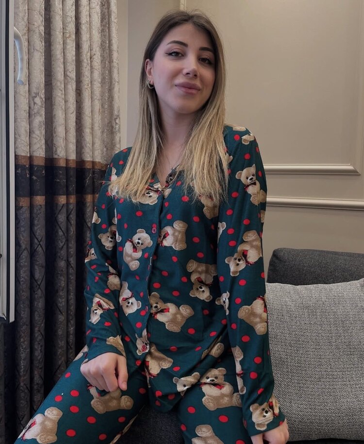 Süet Ayıcık Detay Ön Düğmeli Pijama Takımı