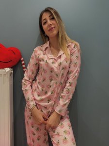 Çilek Detay Ön Düğmeli Pamuk Penye Takım