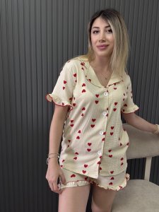 Kalp Fırfır Detay Ön Düğmeli Bürümcük Kumaş Takım