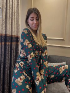 Süet Ayıcık Detay Ön Düğmeli Pijama Takımı